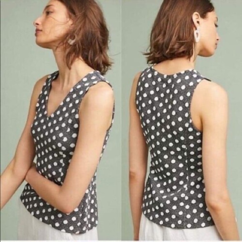 Maeve | Anthropologie Jacquard Knit Gray Polka Dot Peplum Blouse